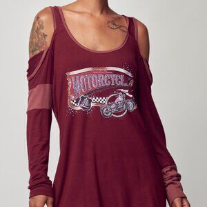 Women's Vintage Bling Angels & Diamonds Long Sleeve Cold Shoulder Top